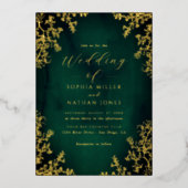 Echte Gouden Folie Emerald Bloemen Kant Script Wed Folie Uitnodiging (Voorkant)