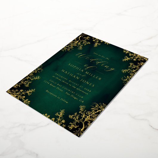 Echte Gouden Folie Emerald Bloemen Kant Script Wed Folie Uitnodiging (Gedraaid)