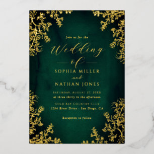 Echte Gouden Folie Emerald Bloemen Kant Script Wed Uitnodiging