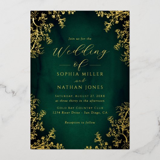 Echte Gouden Folie Emerald Bloemen Kant Script Wed Uitnodiging (Voorkant)