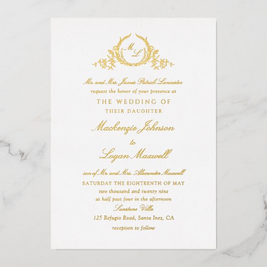 Echte Gouden Folie Formele Monogram Kalligrafie Br Folie Uitnodiging (Voorkant)