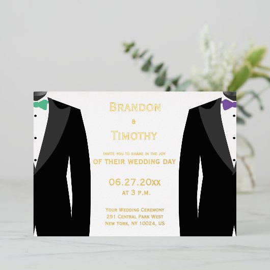 Echte gouden folie gay trouw uitnodiging groen en  (Staand Voorkant)