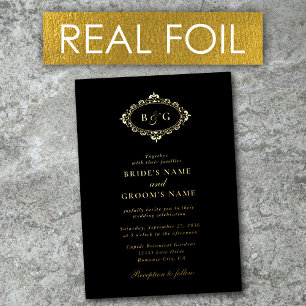 Echte Gouden Folie Krans Elegante Zwart Goud Trouw Folie Uitnodiging
