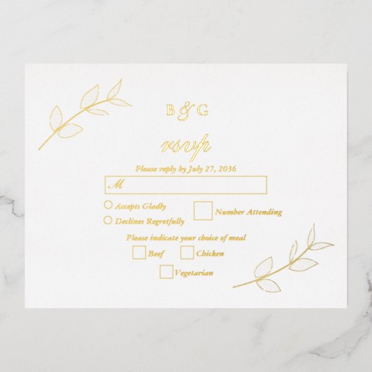 Echte gouden folie laat elegante bruiloft RSVP Folie Uitnodiging Briefkaart (Voorkant)