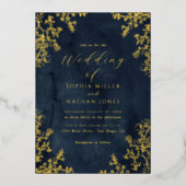 Echte Gouden Folie Marine Bloemen Kant Script Trou Folie Uitnodiging (Voorkant)