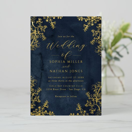 Echte Gouden Folie Marine Bloemen Kant Script Trou Folie Uitnodiging (Staand Voorkant)