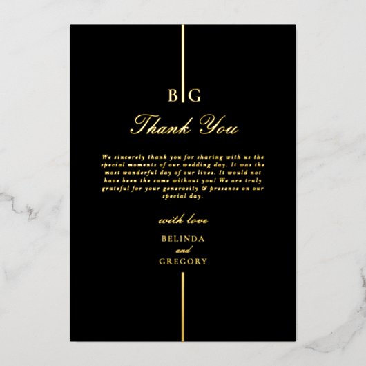Echte gouden folie Monogram Zwart bruiloft Dank u Folie Uitnodiging (Voorkant)