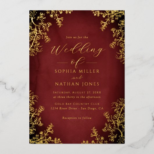 Echte Gouden Folie Rood Bloemen Kant Script Weddin Folie Uitnodiging (Voorkant)