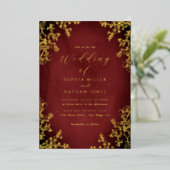 Echte Gouden Folie Rood Bloemen Kant Script Weddin Folie Uitnodiging (Staand Voorkant)