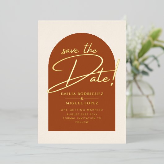 Echte gouden folie terracotta save the date trouwk folie uitnodiging (Staand Voorkant)