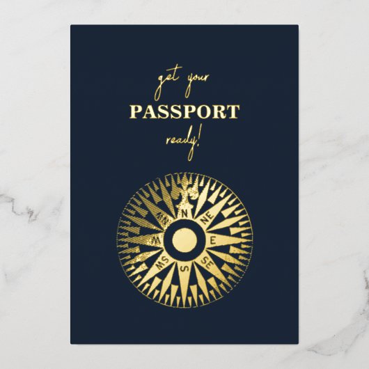 Echte Gouden Folie Trouwpaspoort Kompas Trouwen Folie Uitnodiging (Voorkant)