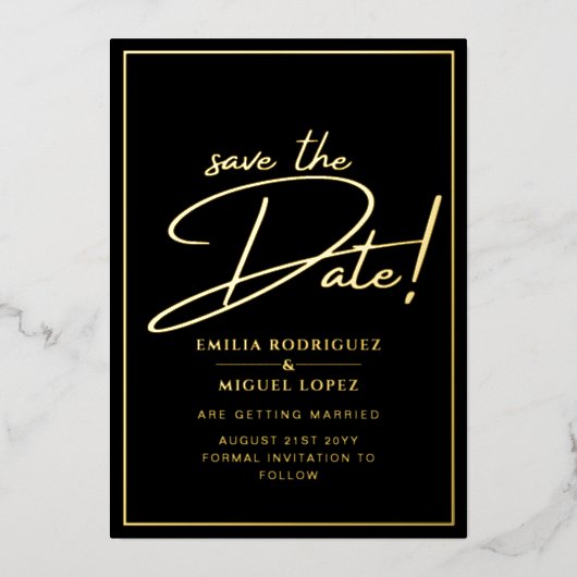 Echte Gouden Folie Zwarte Save the Date Huwelijk Uitnodiging (Voorkant)
