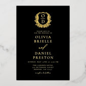 Echte Gouden Fotobehang Monogram Huwelijk Folie Uitnodiging (Voorkant)