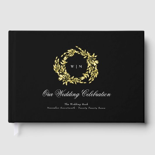 Echte Gouden Klassieke Elegante Krans Bruiloft Gastenboek (Voorkant)
