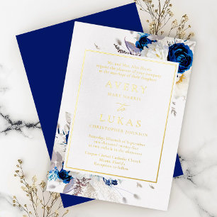 Echte Gouden Moderne Blauwe Witte Bloemen Bruiloft Folie Uitnodiging