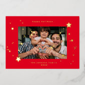 ECHTE Gouden Sterren Kersenrood Foto Prettig Kerst Folie Feestdagenkaart (Voorkant)