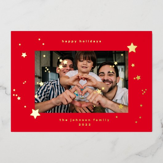 ECHTE Gouden Sterren Kersenrood Foto Prettig Kerst Folie Feestdagenkaart (Voorkant)