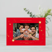 ECHTE Gouden Sterren Kersrood Foto Prettig Kerstfe Folie Feestdagenkaart (Staand Voorkant)