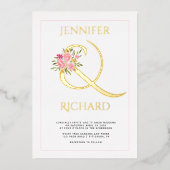 Echte goudfolie ampersand en roze rozen bruiloft v folie uitnodiging (Voorkant)