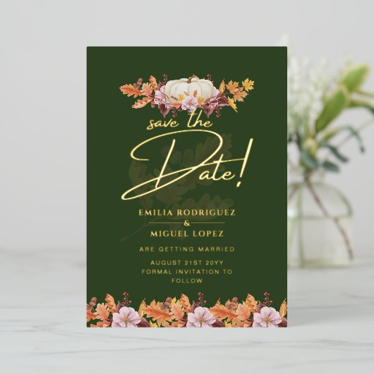 Echte GOUDFOLIE Herfst Pompoen Bewaar Datum Bruilo Folie Uitnodiging (Staand Voorkant)