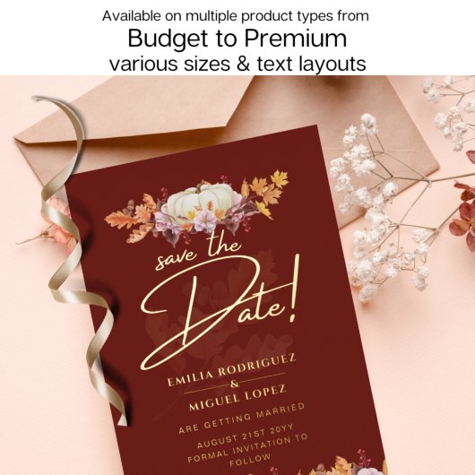 Echte GOUDFOLIE Herfst Pompoen Bewaar Datum Bruilo Folie Uitnodiging