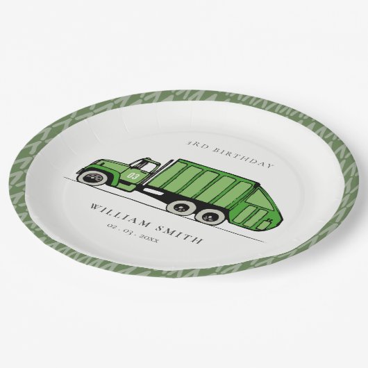 Echte groene vuilniswagen Kinder elke zondag Papieren Bordje (Gekanteld)