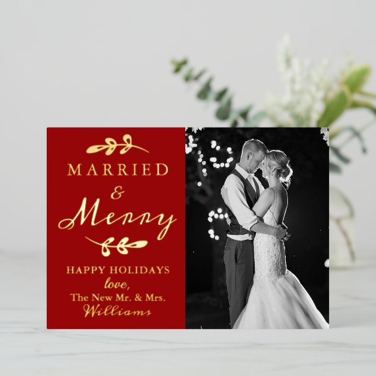 Echte kerstfoto voor getrouwde en prettige paren folie feestdagenkaart (Staand Voorkant)