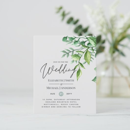 Echte kleuren - GREENERY Budget Wedding Invitation (Staand voorkant)