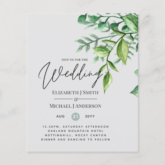 Echte kleuren - GREENERY Budget Wedding Invitation (Voorkant)