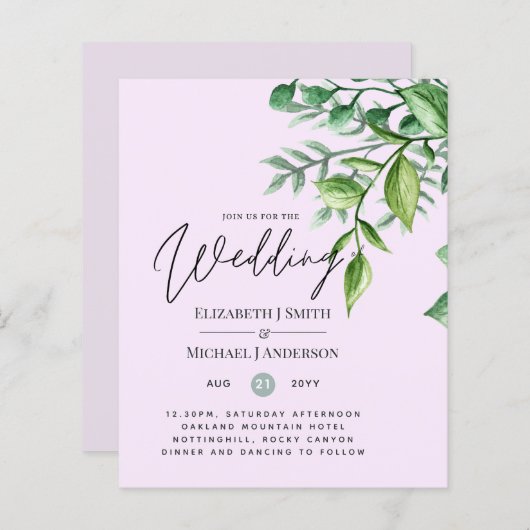 Echte kleuren - GREENERY Budget Wedding Invitation (Voorkant / Achterkant)
