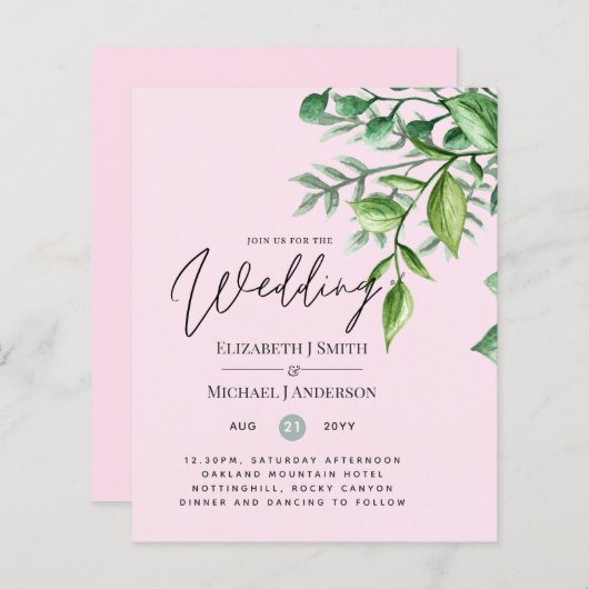 Echte kleuren - GREENERY Budget Wedding Invitation (Voorkant / Achterkant)
