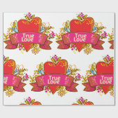 Echte Liefde Hartlint met Bloem Elementen Cadeaupapier (Vlak)