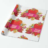 Echte Liefde Hartlint met Bloem Elementen Cadeaupapier (Uitgerold)