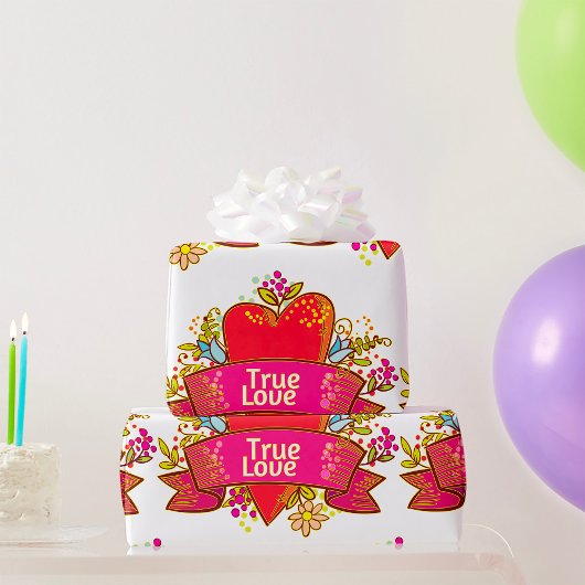 Echte Liefde Hartlint met Bloem Elementen Cadeaupapier