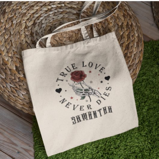 Echte Liefde Sterft Nooit Valentijnskelet Monogram Tote Bag