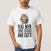 ECHTE MANNEN HOUDEN VAN JESUS EN CATS, CHRISTELIJK T-SHIRT (Voorkant)