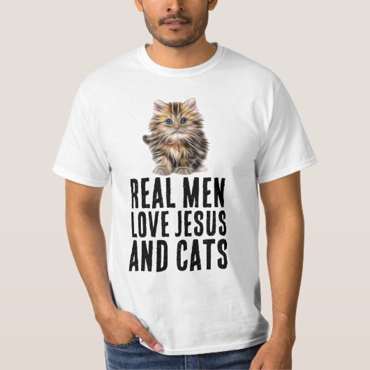ECHTE MANNEN HOUDEN VAN JESUS EN CATS, CHRISTELIJK T-SHIRT (Voorkant)