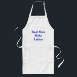 Echte Mannen maken vergrendelingen Lang Schort<br><div class="desc">Show hen u hebt wat het vergt! White apron heeft de zin "echte mannen maken latkes" in vetblauwe letters. Zie het gehele collectie Hanukkah Apron onder de categorie THUIS in de sectie FEESTDAGEN.</div>