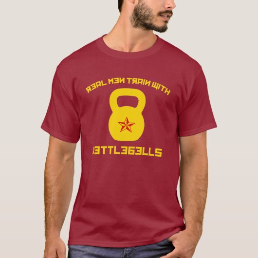 Echte Mannen trainen met Kettlebells T-shirt (Voorkant)