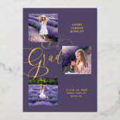 Echte Paarse moderne Afstudeerder drie foto's Folie Uitnodiging (Voorkant)