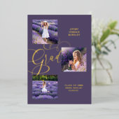 Echte Paarse moderne Afstudeerder drie foto's Folie Uitnodiging (Staand Voorkant)