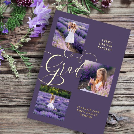 Echte Paarse moderne Afstudeerder drie foto's Folie Uitnodiging