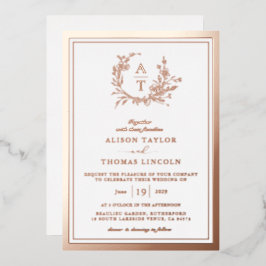 Echte Roze Gouden Wilde Bloem Crest Monogram Huwel Folie Uitnodiging
