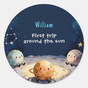 Echte ruimte eerste reis rond de zon 1e verjaardag ronde sticker