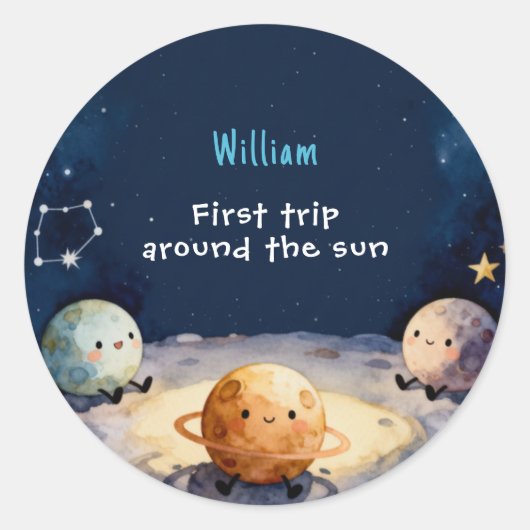 Echte ruimte eerste reis rond de zon 1e verjaardag ronde sticker (Voorkant)