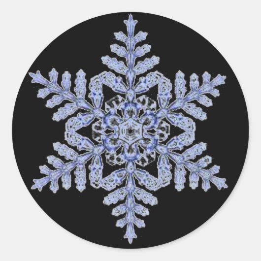 Echte sneeuwvlok op zwart ronde sticker (Voorkant)