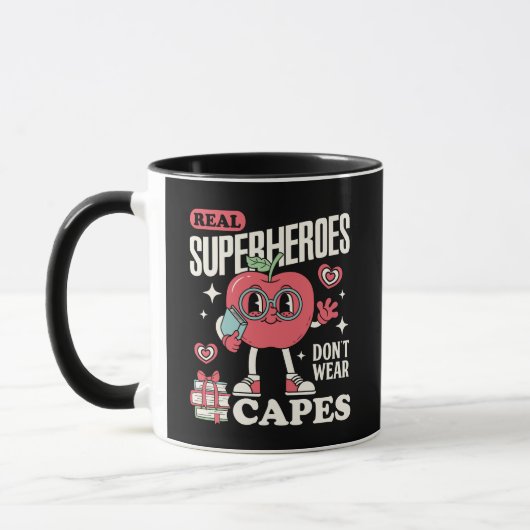Echte Superhelden dragen geen capes Leraarappel Mok (Links)