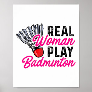 Echte vrouw speelt badminton speler shuttle poster