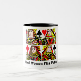 Echte vrouwen spelen poker tweekleurige koffiemok