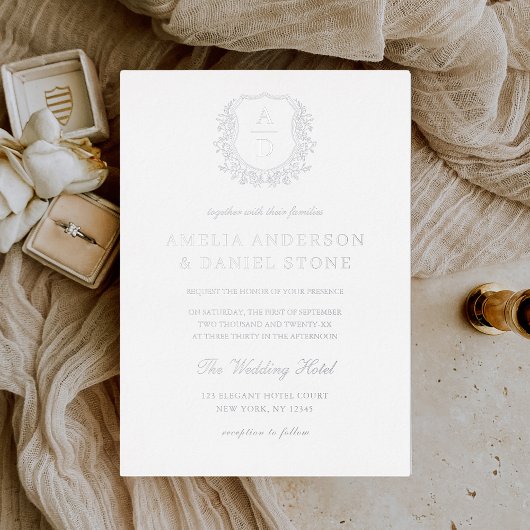 Echte Zilveren Folie Bladerige Crest Monogram Huwe Uitnodiging